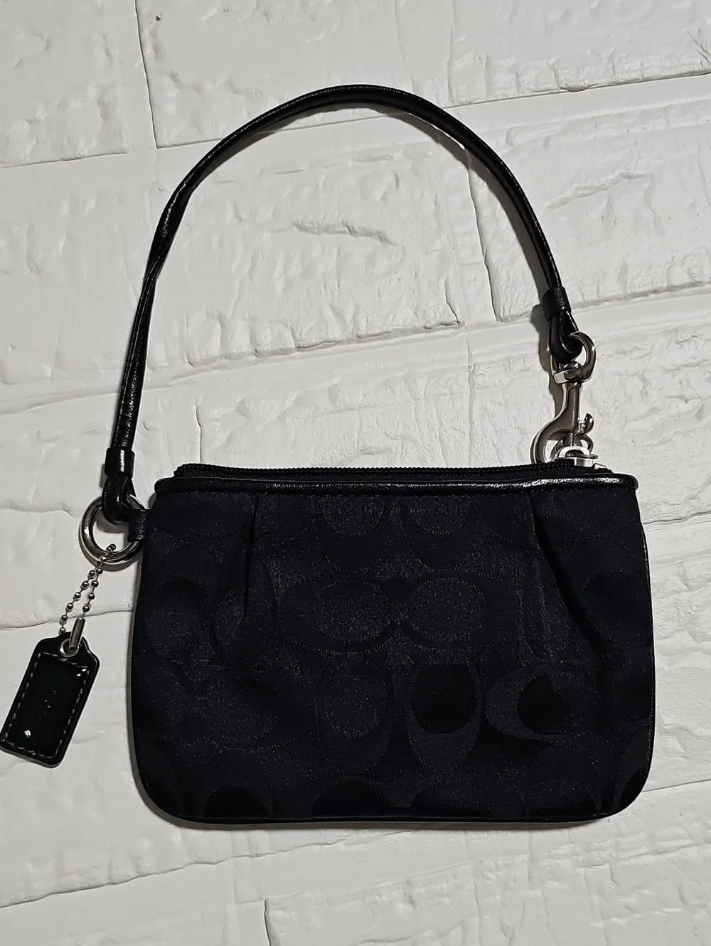 Coach Black Signature Jacquard Wristlet with Leather Strap